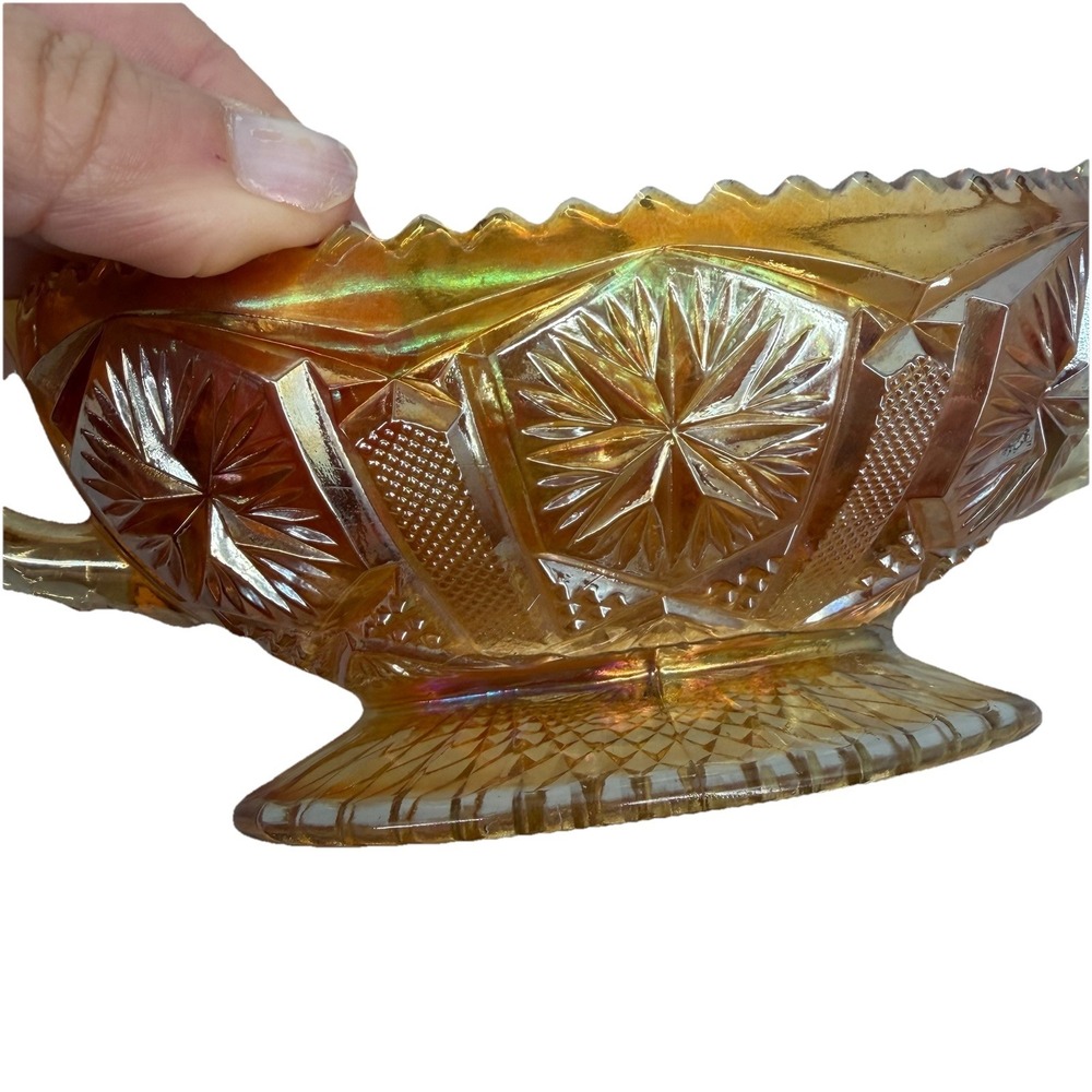 Vtg Star & File Imperial MARIGOLD CARNIVAL GLASS 2 Handled Footed Bowl Dish - Picture 5 of 7